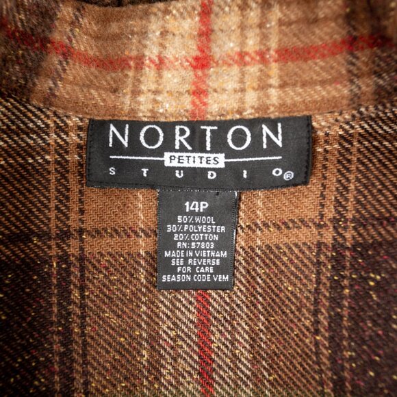 SOLD - Vintage Brown Green Wool-Blend Plaid Fringed Shirt Jacket Norton Studio - Picture 10 of 12